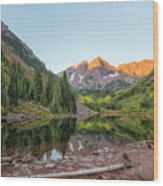 Sunlight Hitting The Peaks At Maroon Bells Wood Print