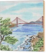 Sunny Day In San Francisco Bay Golden Gate Bridge Watercolor Wood Print