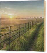 Sunrise Over Rural Fields Fences And Track In Norfolk Uk Wood Print