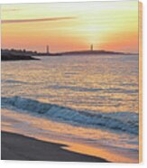 Sunrise Over Thacher Island From Long Beach In Rockport Ma Golden Sunrise Wave Wood Print