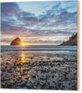 Sunset At Haystack Rock, Cape, Kiwanda, Pacific City, Oregon Wood Print