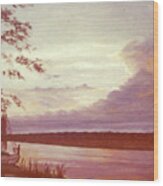 Sunset At Murrells Inlet On Fishing Boat Vintage Oil Painting Wood Print