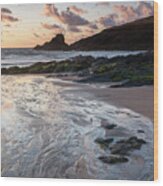 Sunset At Trevone Bay, North West Cornwall, England, Uk Wood Print