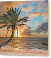 Sunset Beach Golden Palm Wood Print