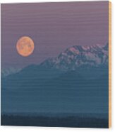 Supermoon And Olympic Mountains On Spring Equinox March 20, 2019 Wood Print
