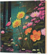 Swamp Magic Flowers Birds Black Water Lily Pads Wood Print