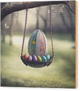 Swinging Into Easter, Photorealistic Egg On A Swing In Spring Ambiance Wood Print