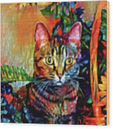 Bengal Tabby Cat With Sunflowers - Pepper Wood Print