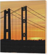 Tacoma Narrows Bridges Fiery Sunset Wood Print