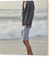 Tall Slender Young Man Enjoying The Beach Stock Photo Wood Print