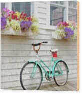 Teal Bicycle And Flower Boxes, Boothbay Harbor, Me Wood Print