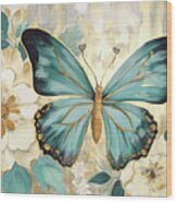 Teal Botanical Butterfly Wood Print