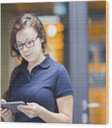 Technician Using Digital Tablet In Laboratory Wood Print