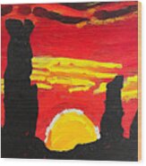 Texas At Sunset Painting Sunset Sundown View Silhouette Sun Red Wood Print