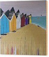 The Beach Cabins 4 Painting Boat Sail Beach Sailing Summer Art Collectors Interior Design Holidays Emerging Artist Artwork Investment French Artist Artistic Background Beach Blue Boat Bright Wood Print