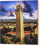 The Sather Tower And A A View To Berkeley Campus, Downtown Berkeley And San Francisco Bay At Sunrise Wood Print