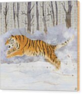 The Siberian Tiger Running In The Snow Wood Print