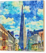 Transamerica Pyramid In San Francisco - Pen And Watercolor Wood Print