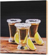 Tree Shot Glasses Of Mexican Tequila Cocktail With Lemon Slices Wood Print