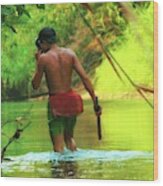 Tribal Man Goes Fishing Wood Print