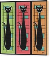 Trio Of Cats Green, Salmon And Orange On Black Wood Print