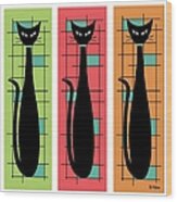 Trio Of Cats Green, Salmon And Orange On White Wood Print
