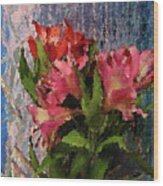 Tropical Flowers Pink With Blue Wood Print