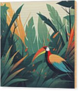 Tropical Leaves With Bird Of Paradise, Jungle Background, Illust Wood Print