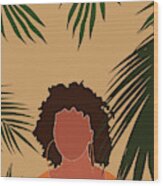 Tropical Reverie - Modern Minimal Illustration 06 - Girl, Palm Leaves - Tropical Aesthetic - Brown Wood Print