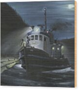 Tugboat At Night Wood Print