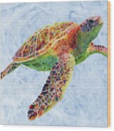 Turtle Reflections On Blue Wood Print