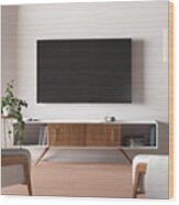 Tv Screen On The White Wall In Modern Living Room. Wood Print