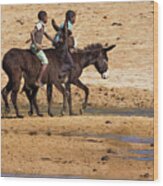 Two Boys Riding Donkeys Along The River In Angola Wood Print