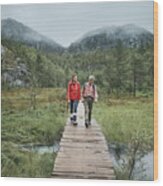 Two Hikers Passing Through A Brook On Wooden Bridge Wood Print