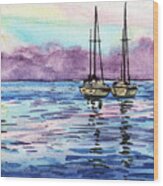 Two Sailboats Resting In The Ocean Purple Clouds Watercolor Beach Art Wood Print