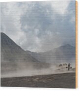 Unidentified Local People Of Tengger Walking In Sandstorm  At Savanna Of Tengger Caldera, Mt. Bromo Wood Print