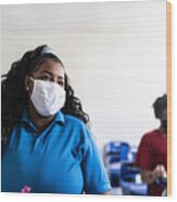 University / High School Student Wearing Face Mask While Studying In The Classroom Wood Print