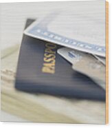 Usa, New Jersey, Jersey City, Close Of Up Passport And Social Security Card Wood Print