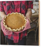 Usa, New York State, New York City, Woman Holding Baked Pumpkin Pie For Thanksgiving Wood Print