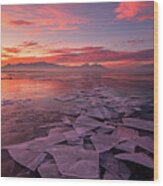 Utah Lake Ice Sunrise Wood Print