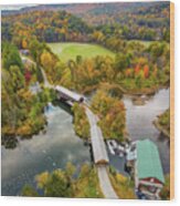 Vertical Vermont Autumn Colors Over The Willard Twin Bridges Wood Print