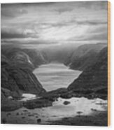 View From The Top Of Preikestolen The Pulpit Rock Black And Whit Wood Print