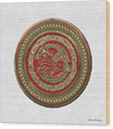 Viking Protection Talisman - Norse Dragon In Gold On Red Over White Leather Wood Print