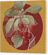 Vintage Botanical Cherry On Circle Red On Yellow Wood Print