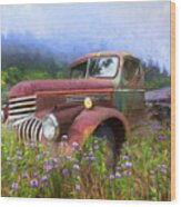 Vintage Chevy Pickup Truck In The Mountain Wildflowers Painting Wood Print