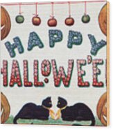 Vintage Halloween Scene On Old Postcard Wood Print