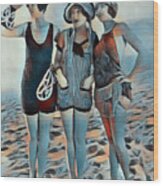 Vintage Retro Women On Beach Friends 2 Wood Print