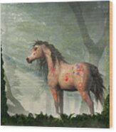 War Horse In A Misty Forest Wood Print