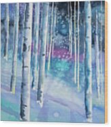 Watercolor - Aspen On A Snowy Night Wood Print