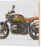 Watercolor Bmw Ninet Scrambler Motorcycle - Oryginal Artwork By Vart. Wood Print